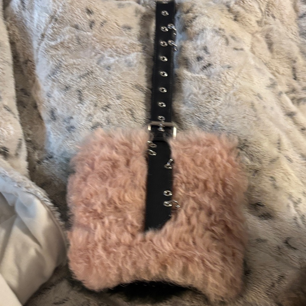 Sandy Liang Pink Faux Fur Clutch with Black Strap